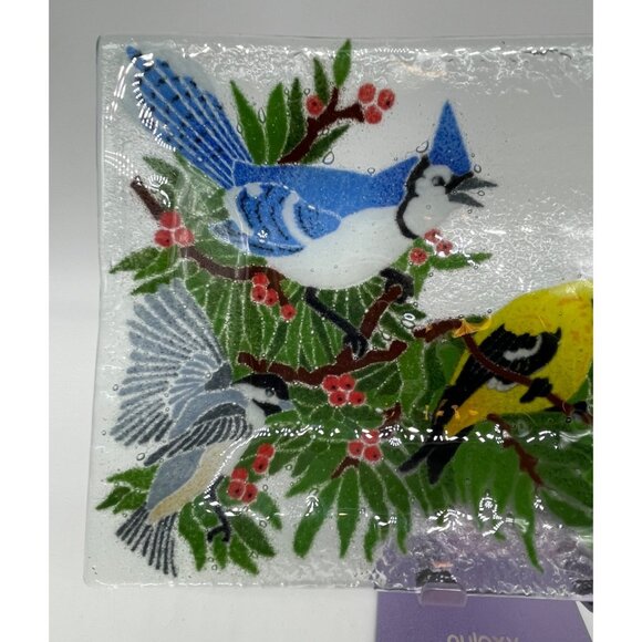 Peggy Karr Signed '05 Fused Glass Birds Holly Winter Design Approx 10"x 6" - Picture 2 of 11